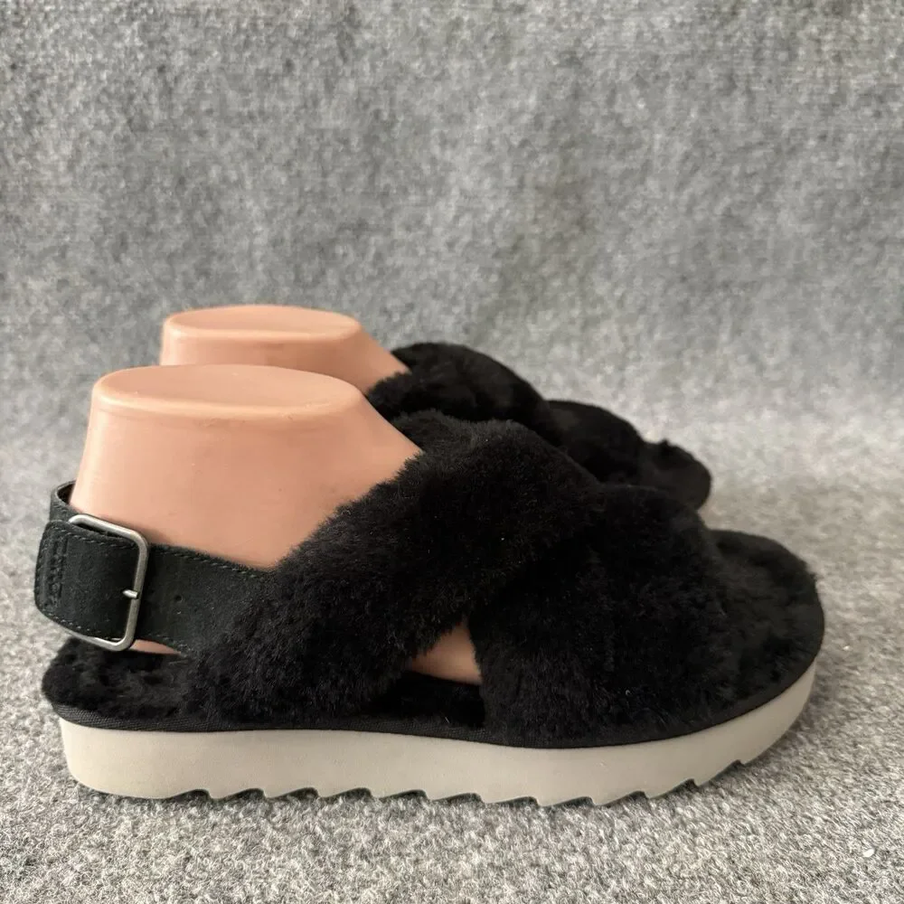 Koolaburra by UGG Fuzz-Ee Women Black Faux Fur Cross Strap Slingback Sandals 8